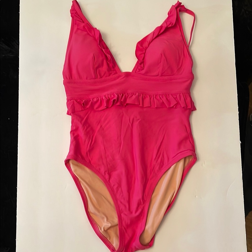 Vibrant Pink One Piece Swimsuit with Plunging Neckline and Ruffle Detail
